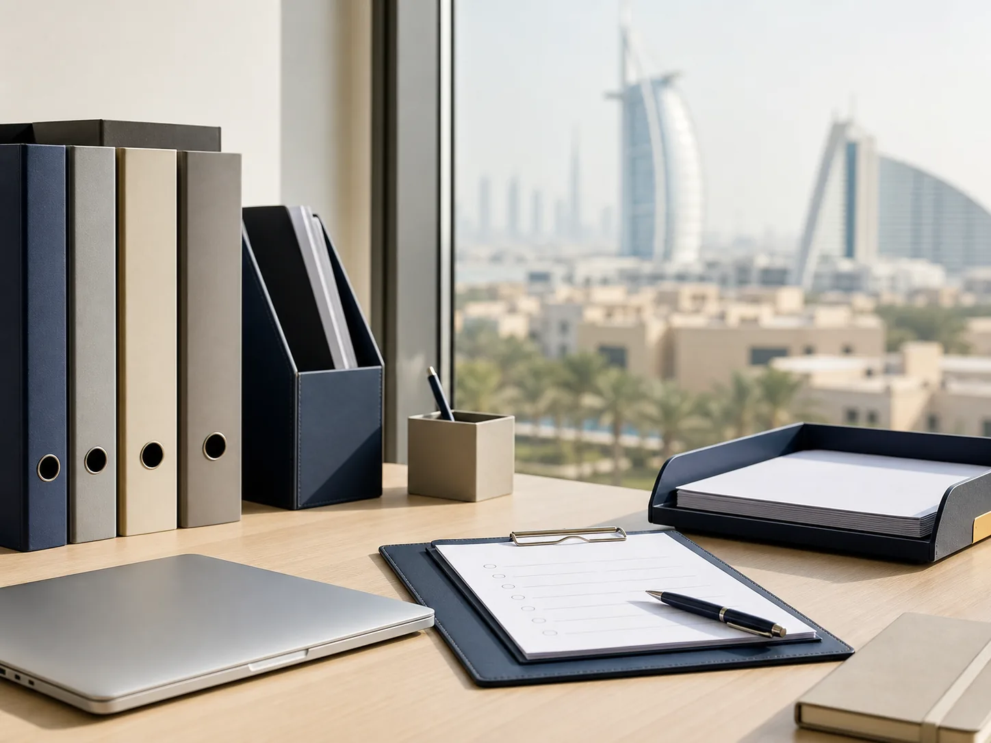 Organised folders, documents, and a laptop in a Dubai office